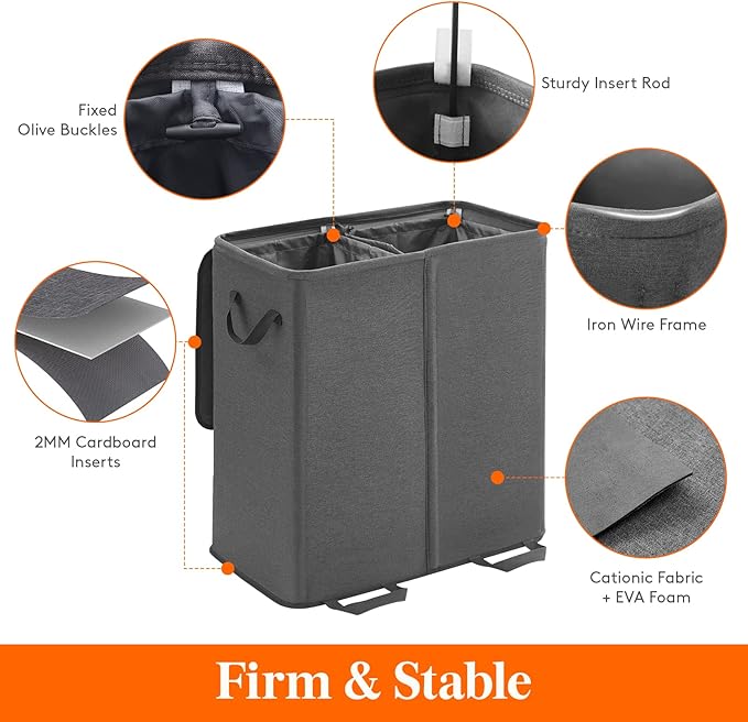 Lifewit Double Laundry Hamper with Lid and Removable Laundry Bags, Large Collapsible 2 Dividers Dirty Clothes Basket with Handles for Bedroom Laundry Room Closet Bathroom College, 136L Black