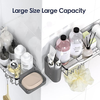NESOMI Shower Caddy Adhesive Shower Organizer 8-Pack, Rustproof Stainless Steel Bathroom Shelves, Large Capacity No-Drill Rack Storage Accessories with Soap Dish Toothbrush Holder Hooks