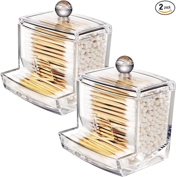 SheeChung 10Oz Acrylic Qtip Holder Dispenser for Cotton Swabs, Clear Plastic Containers Apothecary Jars with Lid, Bathroom Accessories, Vanity Organizers and Storage, Home Essentials Decor-Clear, 2Pcs