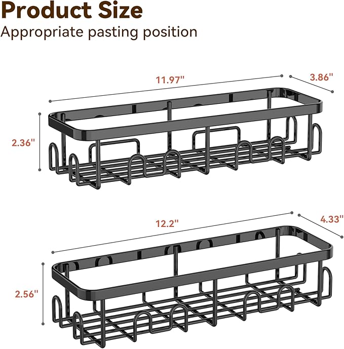 YASONIC Shower Caddy Adhesive 2-Pack, Rustproof Shower Organizer with Holder, No-Drill Shower Shelves for Inside the Shower, Large-Capacity Bathroom Organizers and Storage for Dorms & Renters, Black