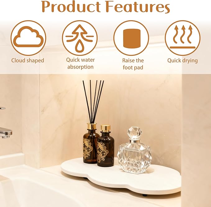 Water Absorbing Stone Tray Cute Cloud Shape, Instant Drying Sink Diatomite Coasters for Bathroom & Kitchen Counter Organizers, Dish Soap Dispenser Sponge Holder, 8 * 4inch, 2 Pcs (White)