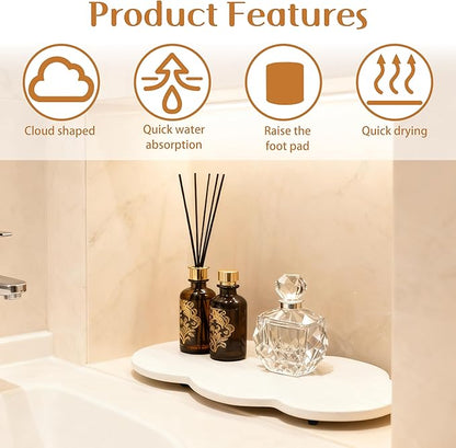 Water Absorbing Stone Tray Cute Cloud Shape, Instant Drying Sink Diatomite Coasters for Bathroom & Kitchen Counter Organizers, Dish Soap Dispenser Sponge Holder, 8 * 4inch, 2 Pcs (White)