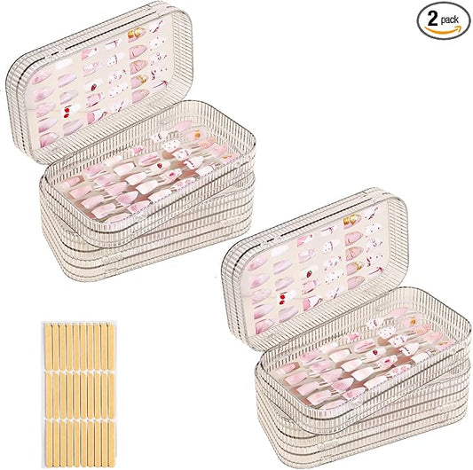 Large Tri-Fold Press On Nail Organizer Case - 4-Page Portable Storage Box for Fake Nails, Clear PET Plastic Travel Holder (6×3.2×1.8 inch) Texture 2Pcs