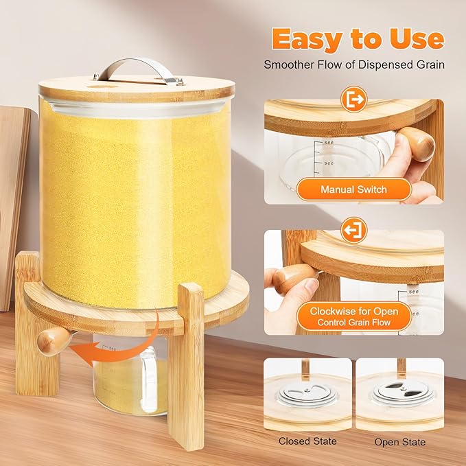 Glass Rice Dispenser with Airtight Lid, Bamboo Stand for Kitchen Pantry Organization (5L/1.38Gal)