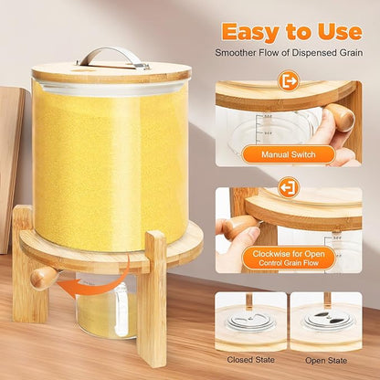 Glass Rice Dispenser with Airtight Lid, Bamboo Stand for Kitchen Pantry Organization (5L/1.38Gal)