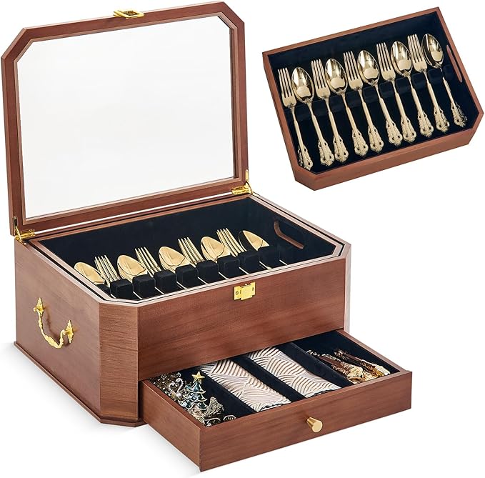 Silverware Storage Box, 3 Layers Wooden Silverware Box without Silverware, Flatware Storage Chest Case with Felt Lined Acrylic Lid and Handle for Kitchen Storing Fine Tableware, Walnut