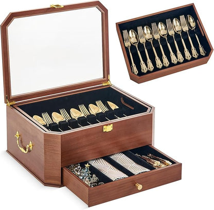 Silverware Storage Box, 3 Layers Wooden Silverware Box without Silverware, Flatware Storage Chest Case with Felt Lined Acrylic Lid and Handle for Kitchen Storing Fine Tableware, Walnut
