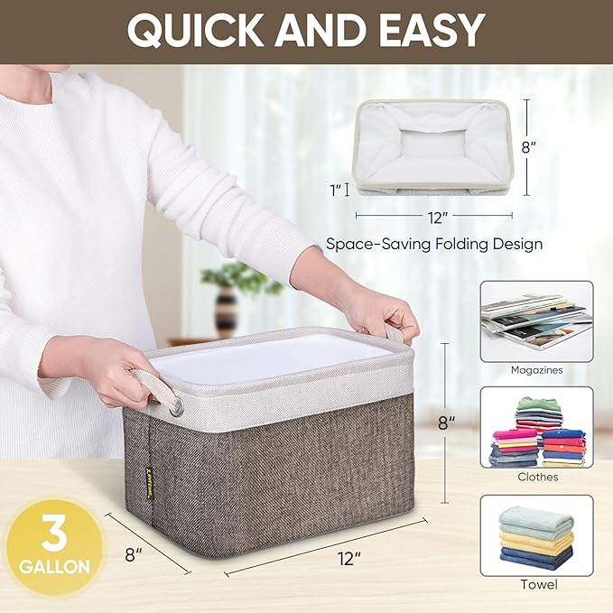 BALEINE 2 Pack Fabric Closet Storage Bins for Shelves, Linen Closet Organizers and Storage, Decorative Baskets for Organizing, Shelf, Clothes, Home, Office (Brown, 12"x8"x8")