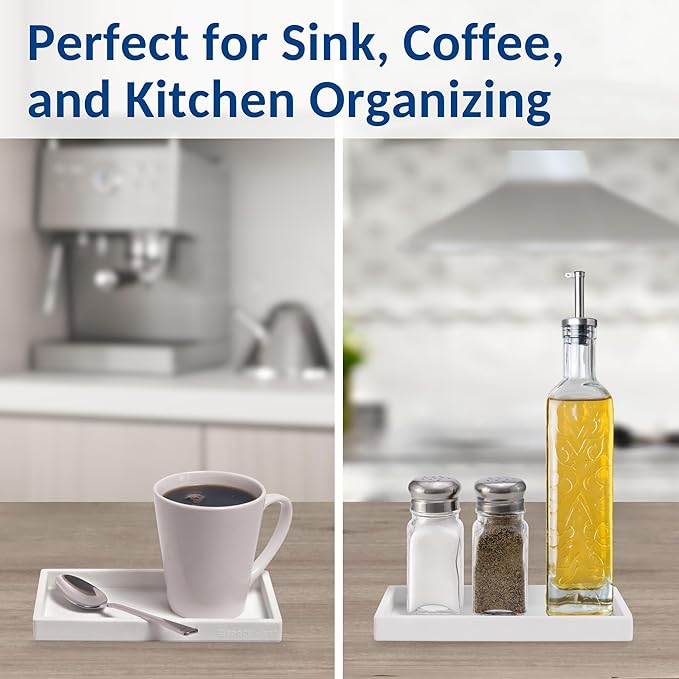 Spacewiser Countertop and Vanity Tray - Small 7.7” Silicone Tray for Soap Dispenser, Bathroom Trays, Dish Soap Trays for Kitchen Counter, Sink Caddy Sinks Organizer, Soaps Dish & Sponge Holder, White