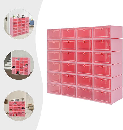24 Pack Shoe Storage Boxes, Clear Stackable Shoe Organizer for Closet with Flip Lid, Foldable Plastic Shoe Boxes Sneaker Containers for Entryway, Closet, Under Bed (Pink)