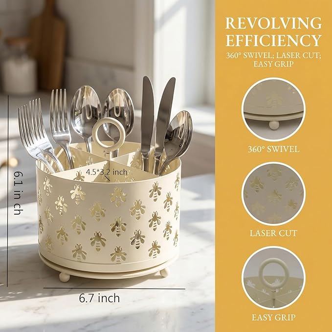 NelyBet 360°Rotating Utensil Caddy Countertop - Bee Silverware Caddy Holder with 4 Compartment - Mesh Cutlery Caddy Holder with Handle for Party Kitchen Counter Office Cream White