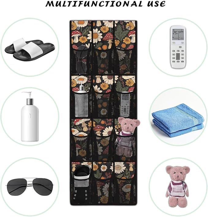 Mushrooms Door Hanger Organizer 12 Pockets Flowers Behind The Door Organizer for Living Room Black Wall Hanging Storage Space Saving Multi-Funtion Storage Bag for Office