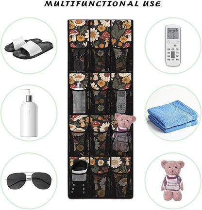 Mushrooms Door Hanger Organizer 12 Pockets Flowers Behind The Door Organizer for Living Room Black Wall Hanging Storage Space Saving Multi-Funtion Storage Bag for Office