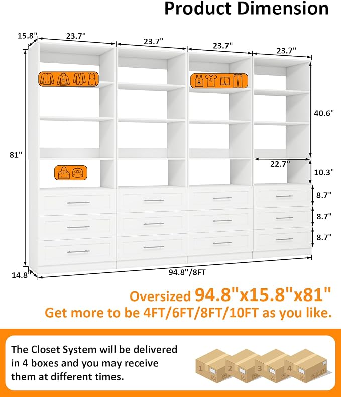 Closet System with 12 Drawers & 16 Shelves, Wood Closet Organizer System with 4 Extra Hanging Rod for Walk in Closet, Modular Closet Organizer System White(8FT)