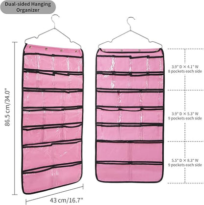 Closet Hanging Organizer, Dual Sided Hanging Wardrobe Storage Bags, 42 Clear Pockets Storage Hanger for Jewelry Socks Underwear (Pink)