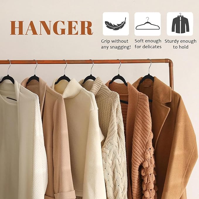 Campsie Velvet Hangers 50 Pack,Premium 360 Rotating Non-Slip Felt Hangers,Space Saving Non-Slip Clothes Hangers with Shoulder Notches,Durable Black Velvet Hangers for Coats,Suits,Dress