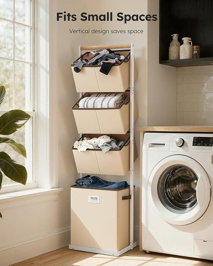 SOLEDI 4 Section Laundry Hamper Sorter, Stackable Laundry Basket Organizer with Removable Basket, 125L 4-Tier Vertical Laundry Sorter for Small Space, Laundry Room, Dorm, Bathroom, Wardrobe Beige