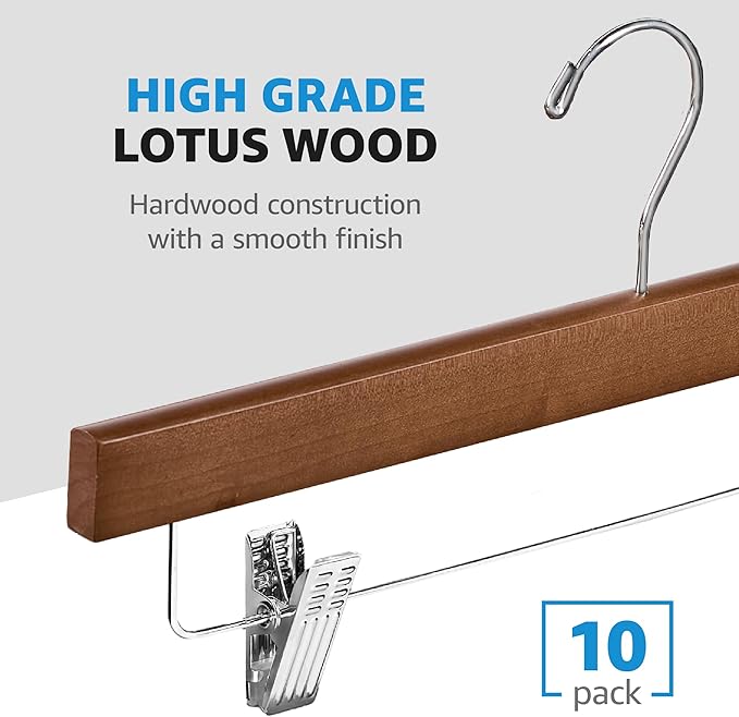 ZOBER Wooden Pants Hangers with Clips - 10 Pack Premium Wood Skirt Hangers for Women, Heavy Duty Wooden Hanger with Adjustable Metal Grip Clips for Jeans and Shorts, Smooth Finish, Vintage Wood
