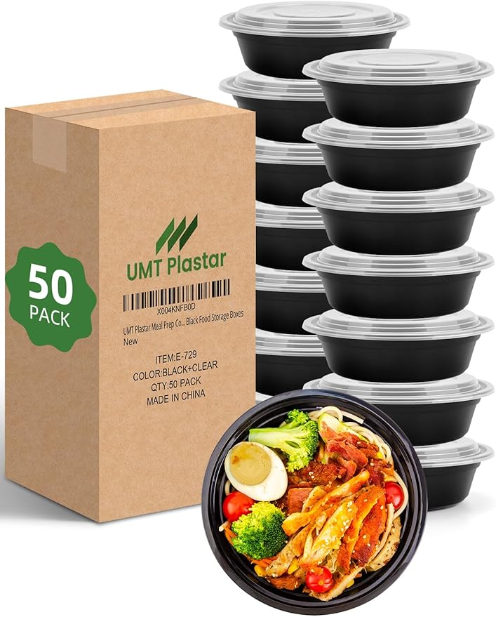 UMT Plastar 32 oz Round Meal Prep Bowls with Lids, 50 Pack BPA-Free To Go Food Containers, Microwave Freezer Dishwasher Safe, Round Food Storage Containers for Meal Prep Takeout