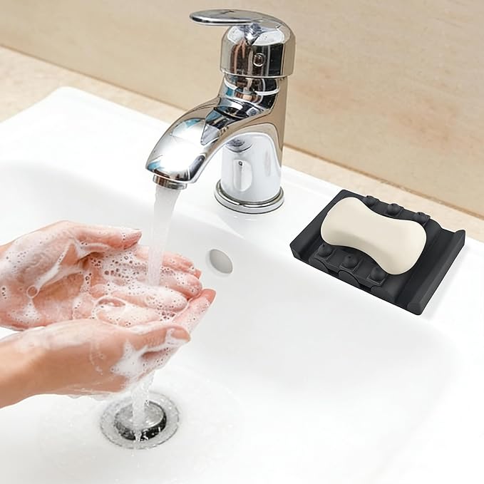 Silicone Soap Dish,Self Draining Soap Holder Perfect for Shower,Bathroom Sink,Kitchen Sink & Travel,Non-Slip Bar Soap Holder Extend Soap Life,Keep Soap Bars Dry & Easy Cleaning NBlack-1Pcs