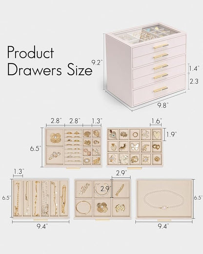 VLANDO 5 Layer Jewelry Box for Women, Glass Lid Jewelry Organizer with 5 Drawers for Necklaces Rings Earrings Bracelets - Light Pink