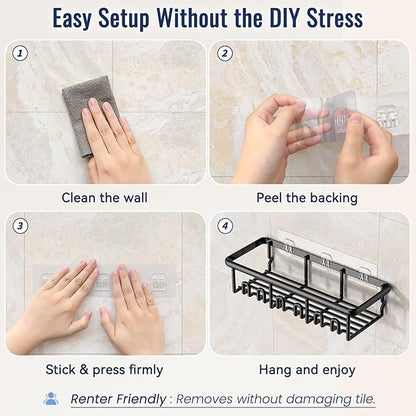 8 Pack Adhesive Rustproof Shower Caddy with Soap Dishes, Toothbrush Holder & Hooks, Large Capacity No-Drilling Shower Shelves Rack for Bathroom Organizers and Storage Accessories, Black