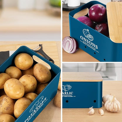 Kitchen Vegetable Storage Set of 3, Metal Onion Garlic Potato Storage Set, Kitchen Canisters Vegetable Keeper Containers with Aerating Holes and Wooden Lid (Dark Blue)