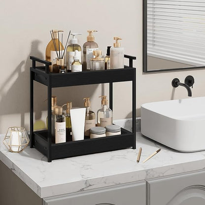 Bathroom Organizer Countertop, 2 Tier Wooden Vanity Counter Organizer, Decorative Tiered Bathroom Shelf for Storage, Coffee Bar Makeup Perfume Caddy, Black