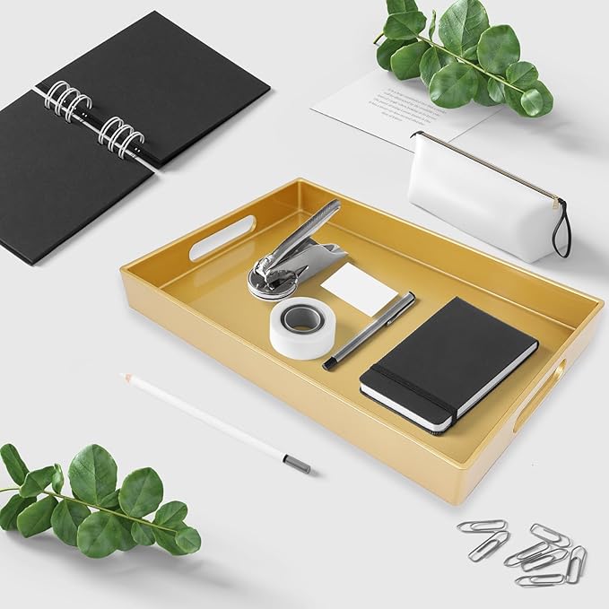 Spsyrine Gold Bathroom Vanity Tray with Handles for Dresser Tops, Countertop, Perfume Decorative Tray, 11.8” * 7.87” *1.37”