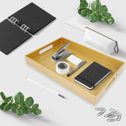 Spsyrine Gold Bathroom Vanity Tray with Handles for Dresser Tops, Countertop, Perfume Decorative Tray, 11.8” * 7.87” *1.37”