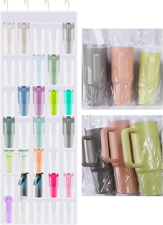 NiHome 35-Pocket Large Capacity Door Cup Organizer Fit for Stanley Tumblers 30oz, 40oz, Door Hanging Water Bottle Storage, Double-Sided Tape Stabilizer, Waterproof Oxford Fabric, Transparent (White)