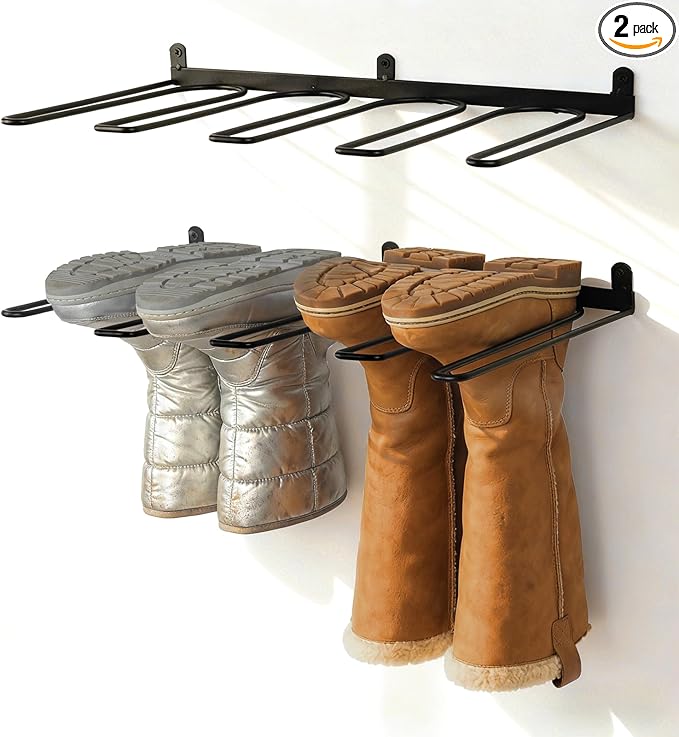 2 Pcs Wall Mounted Boot Rack, Black Metal Wader Hangers Shoe Rack 2 Pair Sturdy Wall Mounted Tall Boots Organizer with Screws and Expansion Tubes for Entryway, Garage, Home, Closet