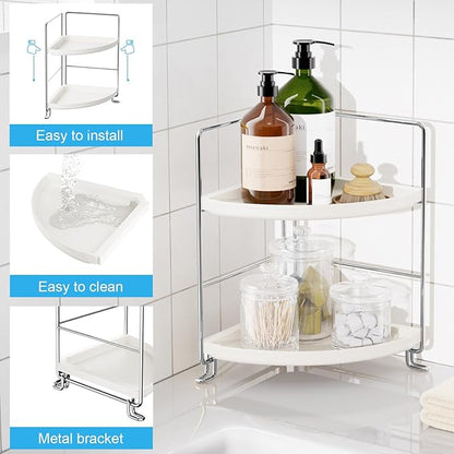 FSyueyun 2-Tier Corner Bathroom Counter Organizer, Tool-Less Installation Vanity Shelf Small Plastics Countertop Makeup Tray Skincare Perfume Organizers (Silver)