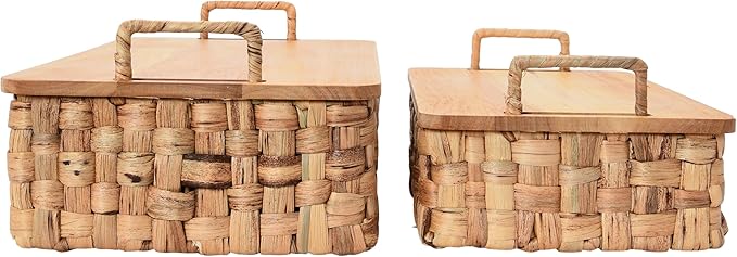 Household Essentials Stackable Hyacinth Baskets with Oak Lids, Natural, Set of 2