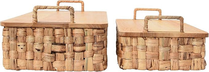 Household Essentials Stackable Hyacinth Baskets with Oak Lids, Natural, Set of 2