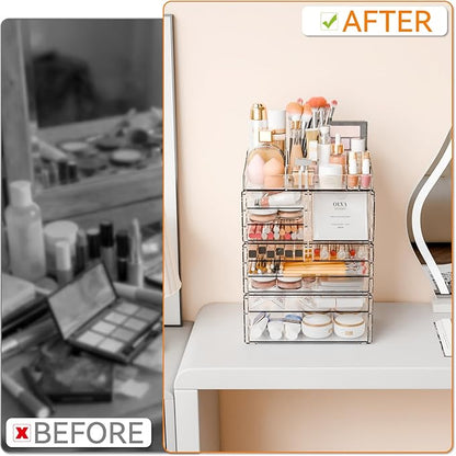 Yieach Acrylic Make up Organizers for Counter,Desk and Vanity,4 Pack Stackable Bathroom Counter Organizer with Drawers,Large Clear Makeup Organizers and Storage for Skincare,Cosmetic,Beauty Products