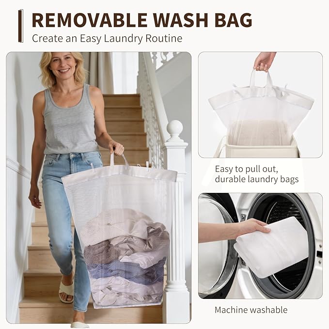 Goodpick Laundry Basket with Wheels and Lid, 100L Collapsible Dirty Clothes Hamper for Laundry Room Bathroom, Extra Large Rolling Hamper with Removable Wash Bag, White