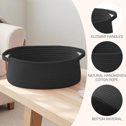 JMvicyroam Woven Basket,Small Rope Storage Bin with Handles & Ribbon Bag, Organizer for Shelves Closets,Gift Basket Empty for Birthday,Books,Dog Toys, Black/3 Pack