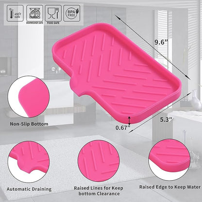 MicoYang Silicone Bathroom Soap Dishes with Drain Spout-Bathroom and Kitchen Sink Organizer,Sponge Holder,Dish Soap Tray,Perfect for Dispenser,Scrubber,Bottle,Cup on Sink or Counter-Rose 9.6"×5.3"