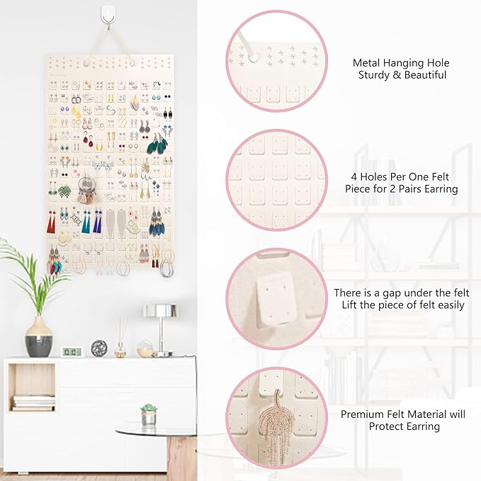Earring Organizer, Hanging Earring Holder Holds Up To 330 Pairs, Felt Earrings Organizer and Storage, Wall Earring Holder Earring Display for Women Girls -1 Pack (White)