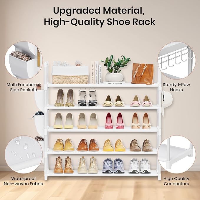 VILICK Shoe Rack for Closet Shoe Organizer Space Saver Storage for 20-25 Pair Shoe Shelf with Hook and Side Pocket Free Standing 5 Tier Shoe Rack Organizer for Entryway,Small Spaces, White