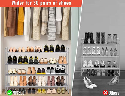 MISSLO 4 Tier Long Shoe Organizer for Closet Shoe Rack for Bedroom Closet Floor Shoe Shelf for Entryway Storage Stackable Wide Shoe Shelf Stores 30 Pairs of Men Sneakers, Grey