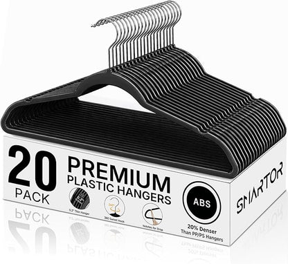 SMARTOR Plastic Hangers 20 Pack - Thin and Slim Design for Space Saving Organizer - Heavy Duty Durable Closet Organizers and Storage with 360 Swivel Hooks, Non Slip Notches for Straps - Black