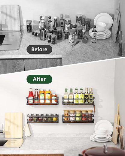 Doakhirmit Wall Mounted Spice Rack with 16 Hooks, Rustic Wood Spice Organizer Shelf for Stove Cabinet Pantry Door,Screw or Adhesive Hanging Spice Shelf,Wall Spice Rack in Kitchen and RV,2 Pack