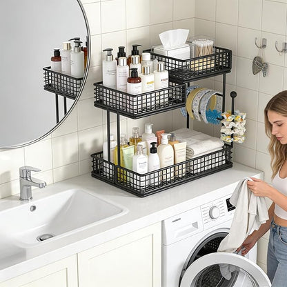 BCWW 3 Tiers Makeup Organizer Countertop Multi Bathroom Counter Organizer Metal Fruit Basket Perfume Skincare Organizers Holder for Vanities, Cabinet, Cosmetic, Dresser Organizer (Square(Black))
