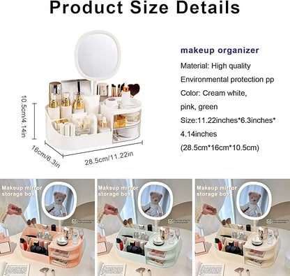 DASITON Makeup Organizer with Rechargeable Mirror,Makeup Brush Holder with 2 Drawers,Skincare and Cosmetics Organizer Countertop,Large Capacity Cosmetic Display Case for Vanity,Bedroom,Bathroom(White)