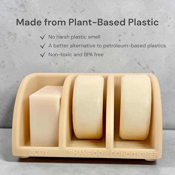 Shampoo Bar Holder for Shower, 3-Slot Soap & Conditioner Organizer with Drainage - Keeps Bars Dry & Lasts Longer - Modern Bathroom Organizer by Essence & Abode (Beige)