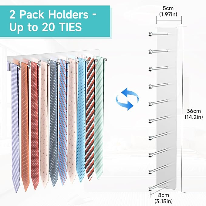 Tie Rack Wall Mounted, Tie Holder Organizer, Closet Ties Organizer Stainless Steels, Adhesive Ties Racks for Men With 20 Hooks, Hanger Storage for Wall Bedroom Living Room Dresser Room (Sliver)