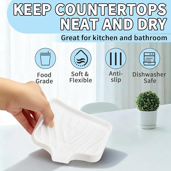 2 Pack Silicone Soap Dish with Drain, Self Draining Bar Soap Holder for Shower, Silicone Dish Soap Tray, Bathroom and Kitchen Sink Organizer, White