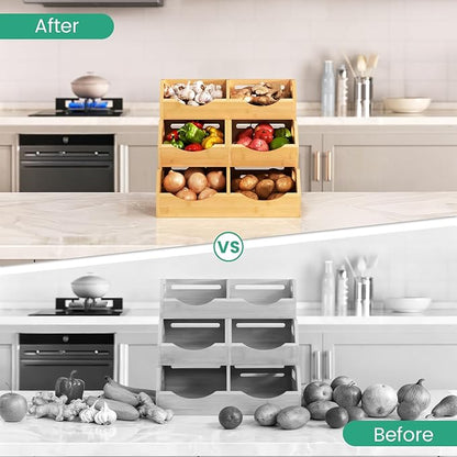 Onion Storage Bins Potato, 3 Tier Bamboo Pantry Storage Bin Stackable Ventilated Kitchen Organizer for Pantry, Countertop, Bathroom, Space-Saving, Easy Access Handle Natural Brown(Assembly Required)